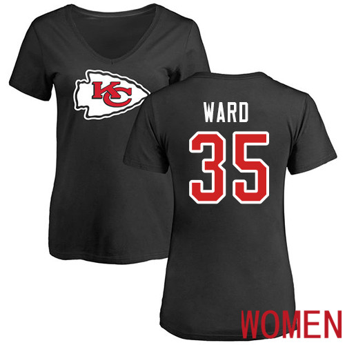 Women Football Kansas City Chiefs #35 Ward Charvarius Black Name and Number Logo Slim Fit T-Shirt